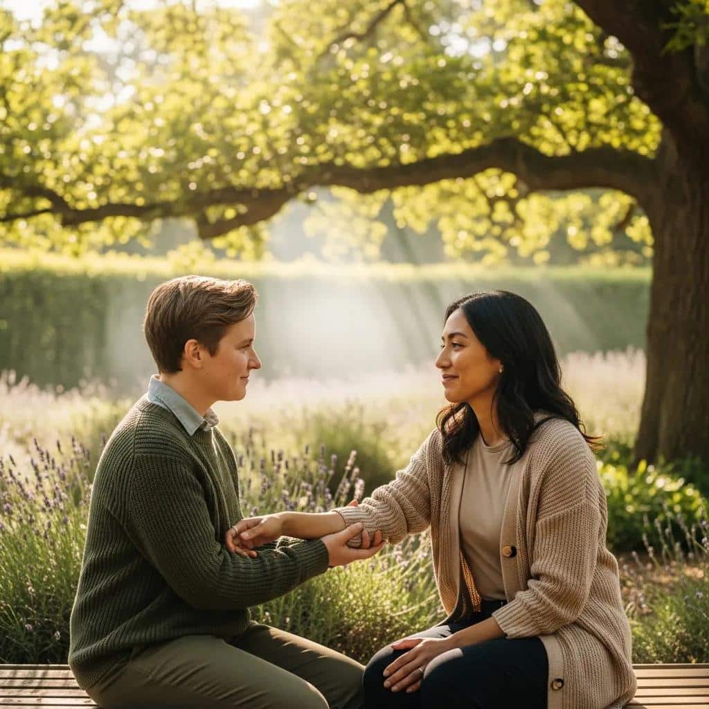 Two people in a supportive conversation outdoors, illustrating compassionate communication in intervention letters