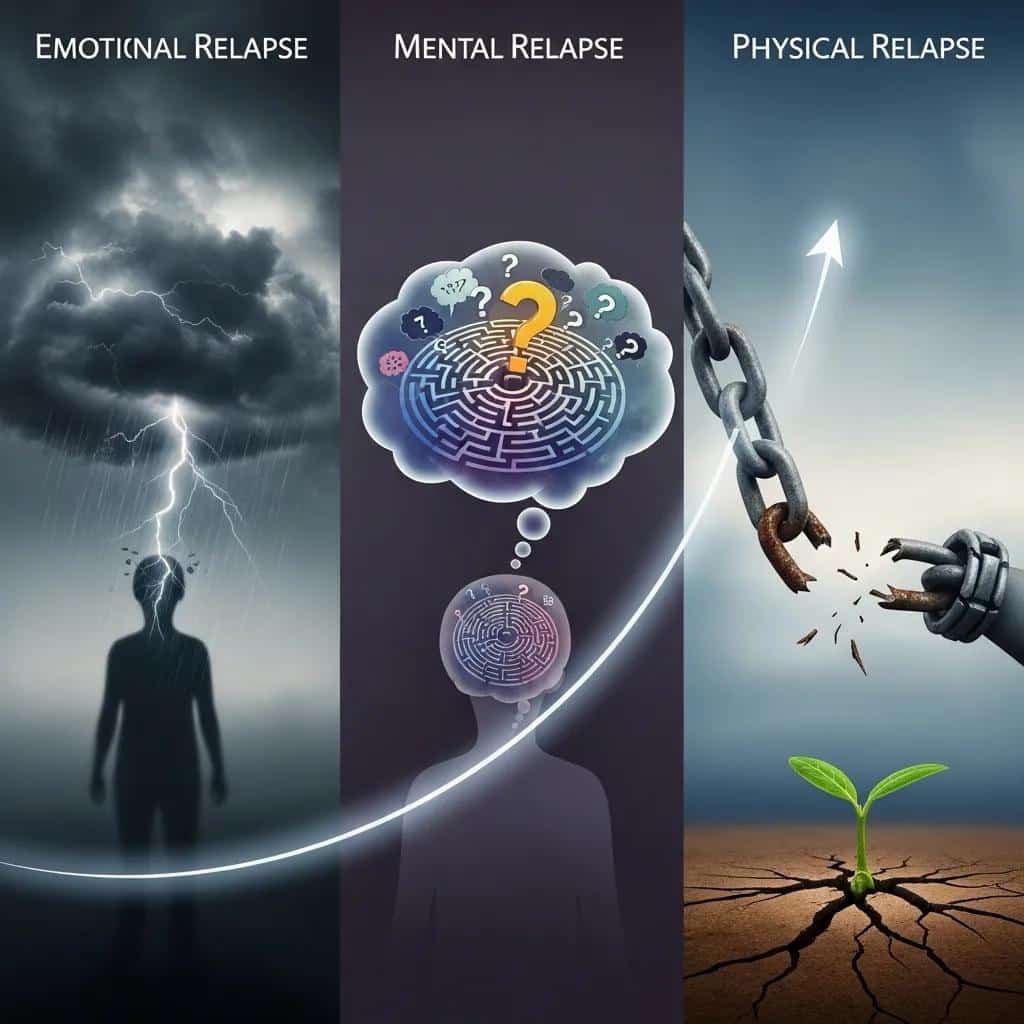 Visual representation of the emotional, mental, and physical stages of addiction relapse, symbolizing the journey of recovery