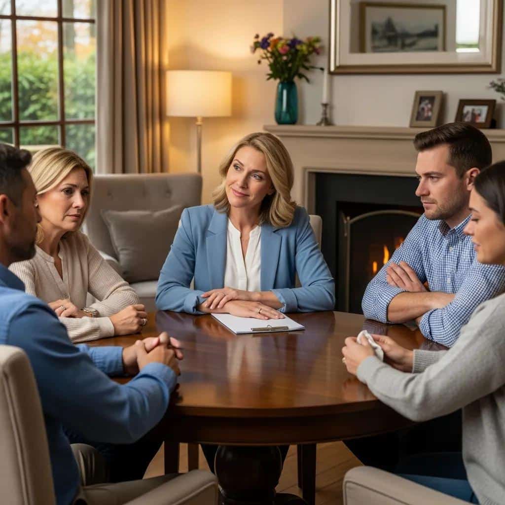 A professional interventionist guiding a family meeting, providing emotional support and facilitating discussion during an intervention