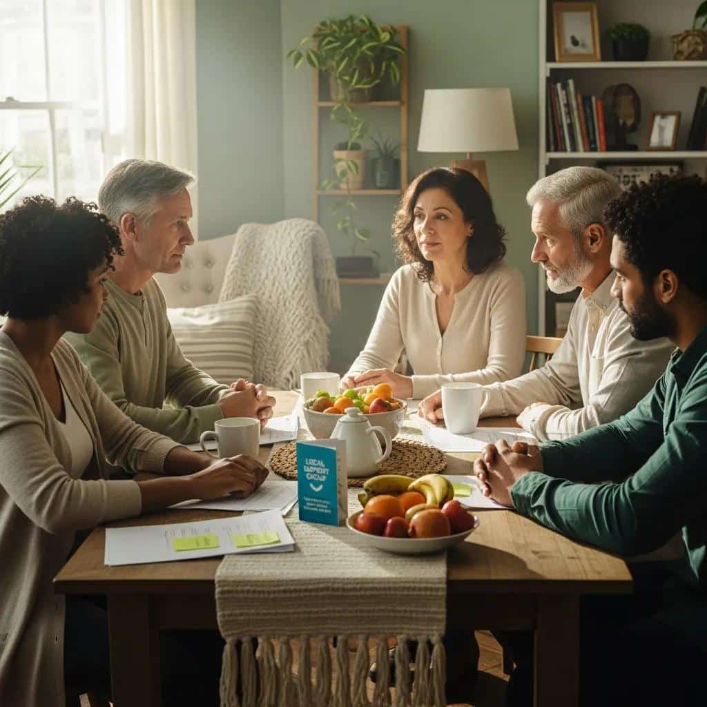 Family discussing addiction intervention costs in a supportive environment