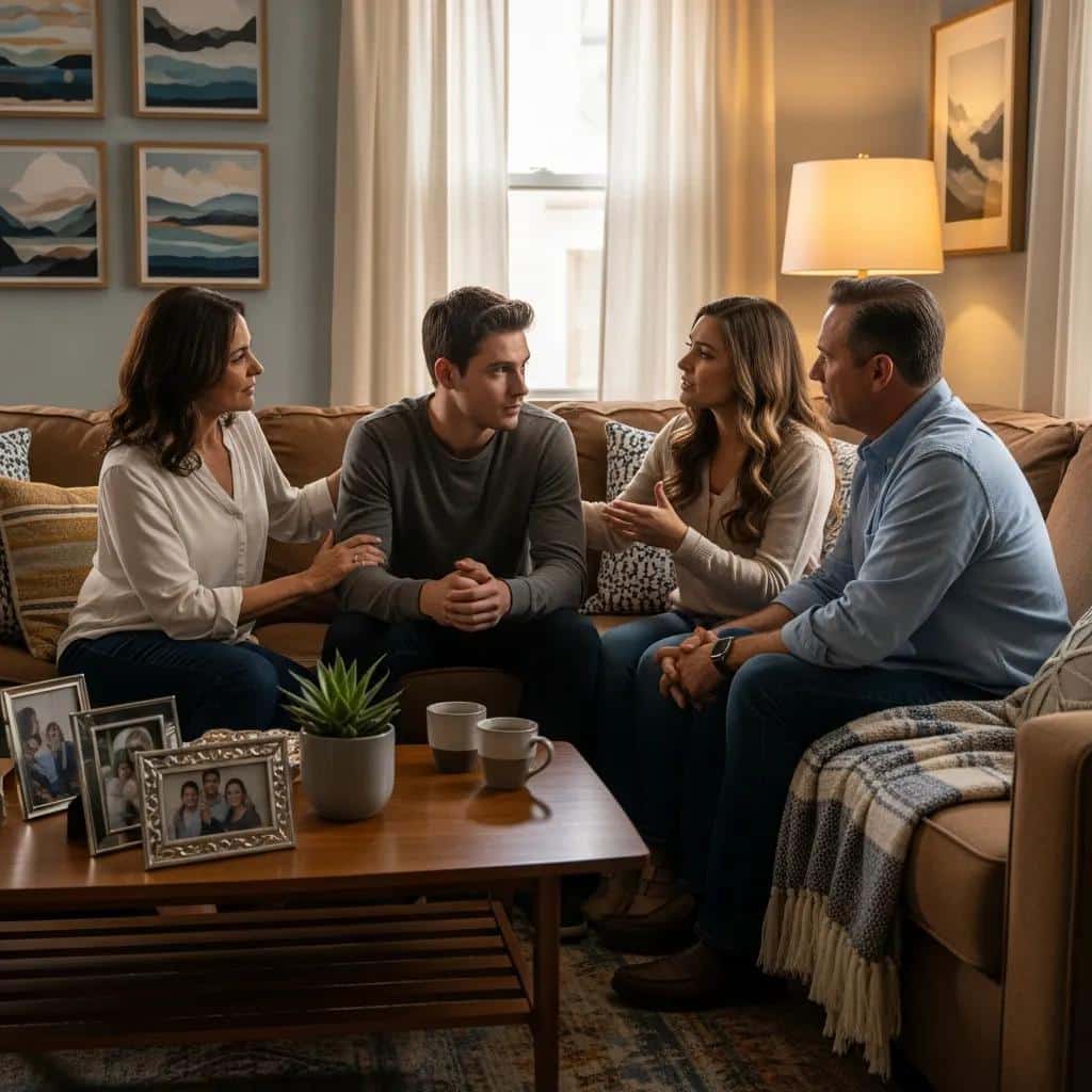 Family discussing addiction intervention in a cozy living room setting