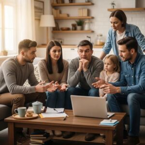 Family discussing addiction intervention in a supportive living room setting