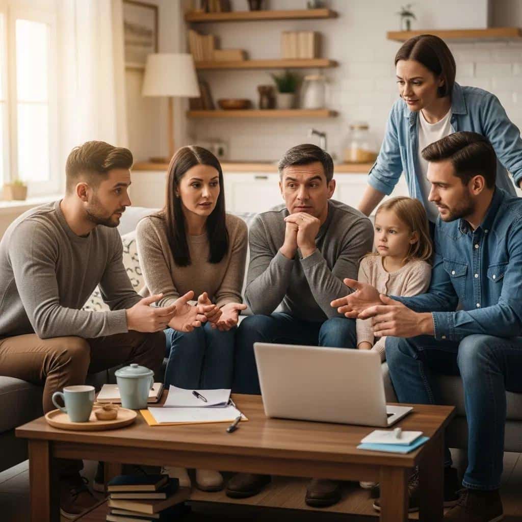 Family discussing addiction intervention in a supportive living room setting