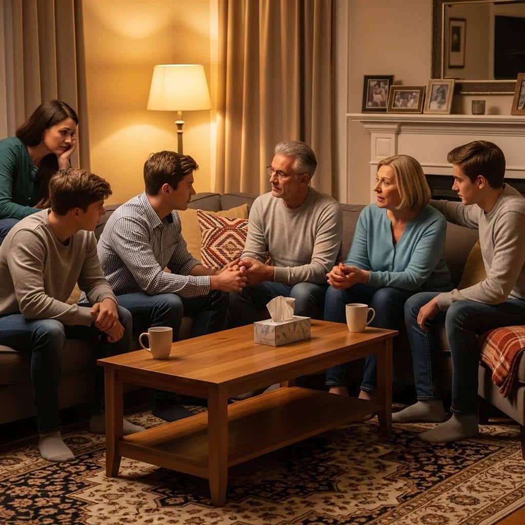 Family discussing addiction intervention in a supportive living room setting