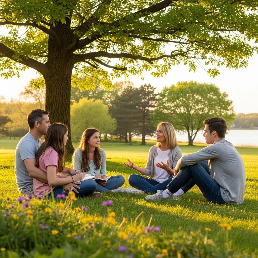 Family engaging in a collaborative discussion about non-confrontational recovery methods