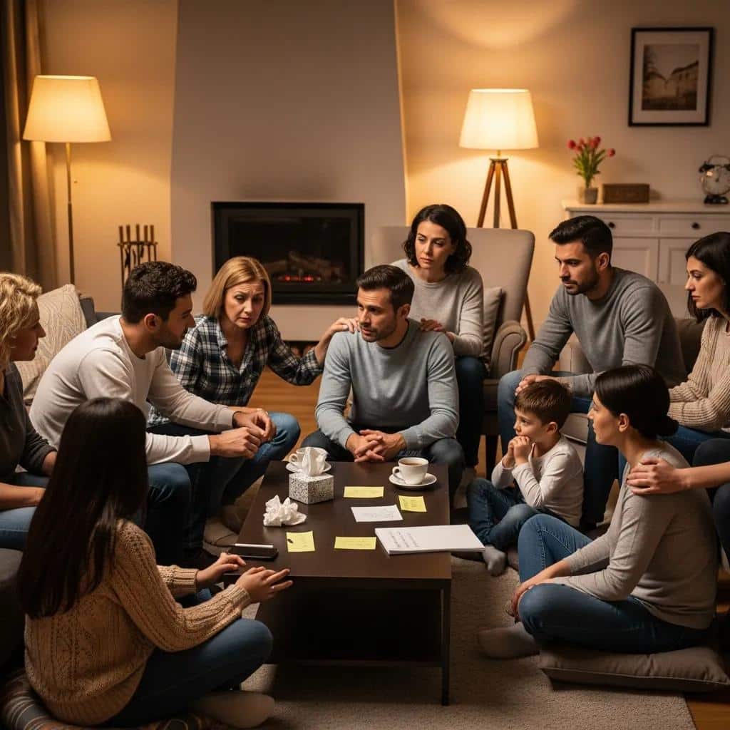 Family members gathered in a cozy living room, expressing concern and compassion for a loved one struggling with addiction
