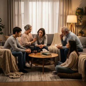 Family members gathered in a supportive living room setting for an addiction intervention