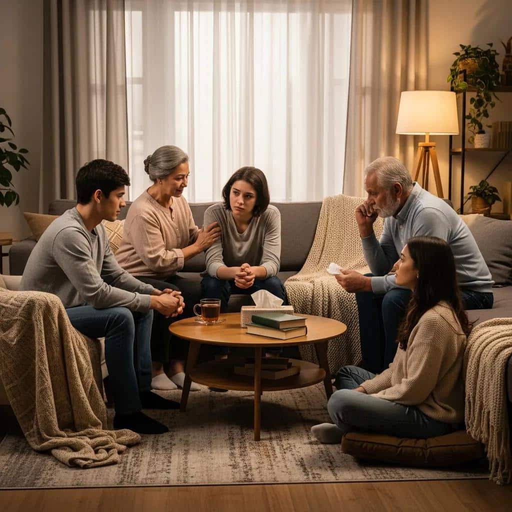 Family members gathered in a supportive living room setting for an addiction intervention
