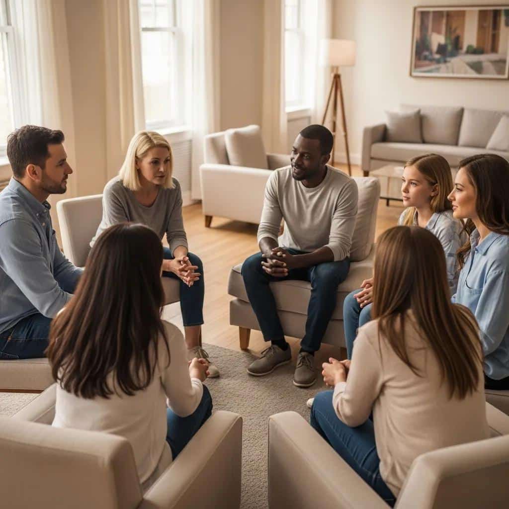 Family members participating in a therapy session, fostering openness and trust during rehab