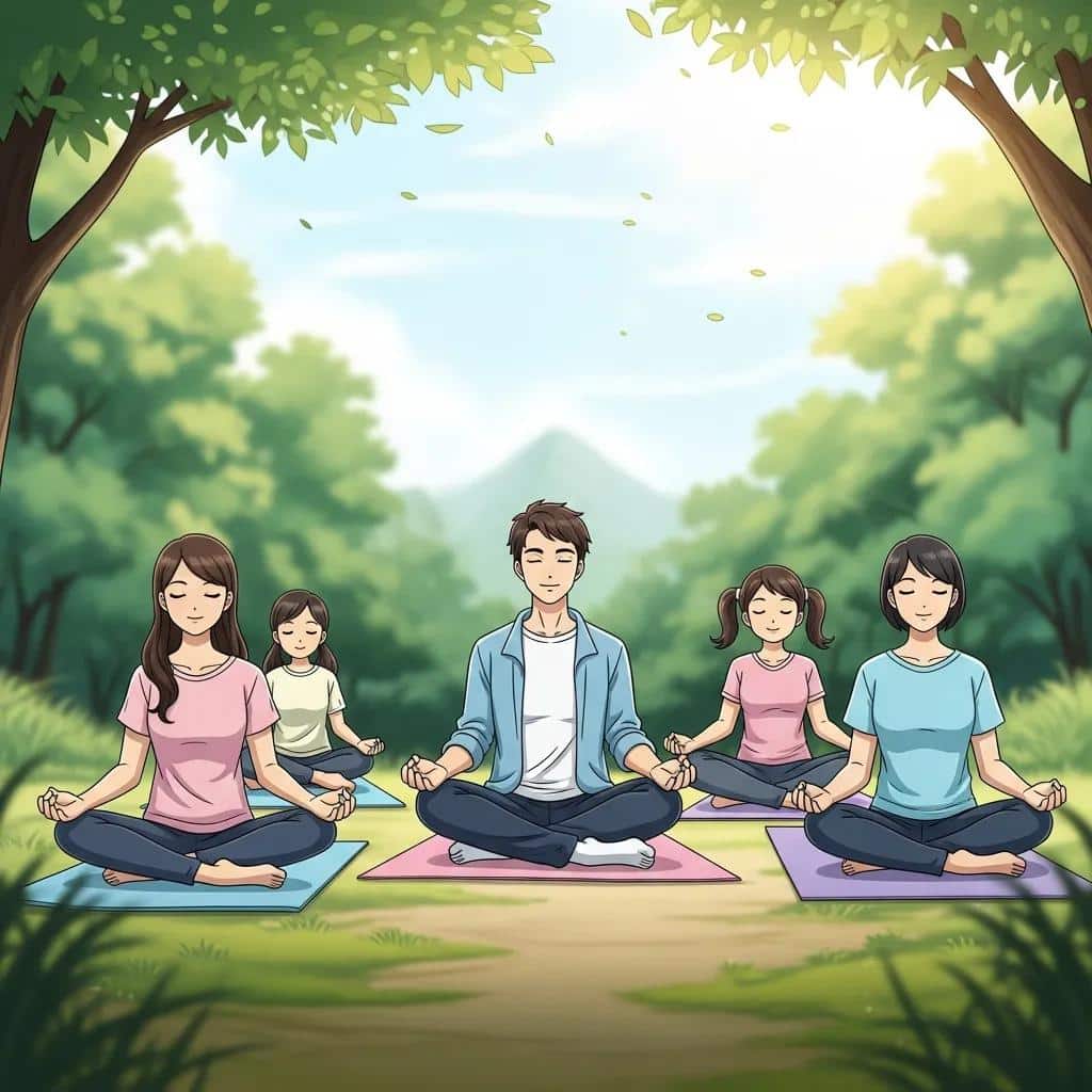 Family practicing mindfulness meditation outdoors, highlighting self-care for mental health and resilience
