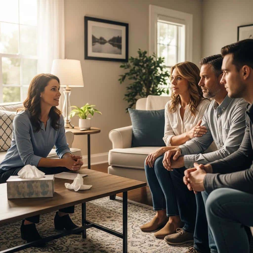 Professional interventionist facilitating a supportive family discussion about addiction treatment