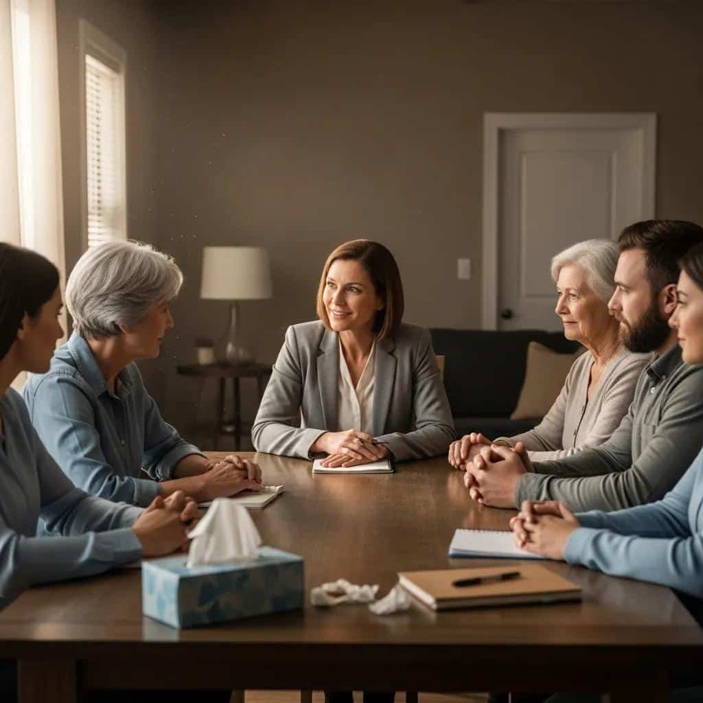 Professional interventionist guiding a family meeting about addiction treatment, emphasizing support and guidance