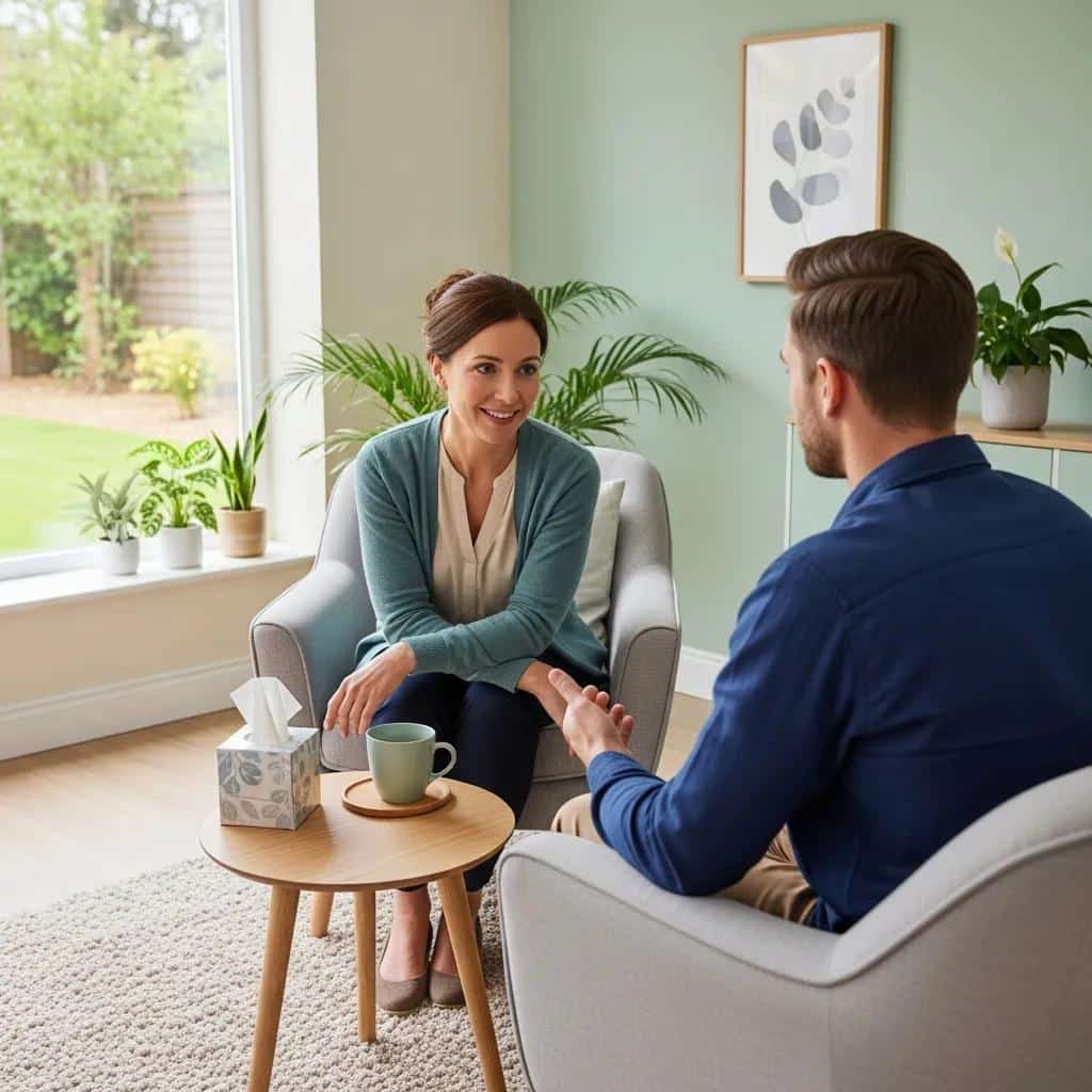 Therapist and client discussing dual diagnosis treatment in a supportive therapy environment