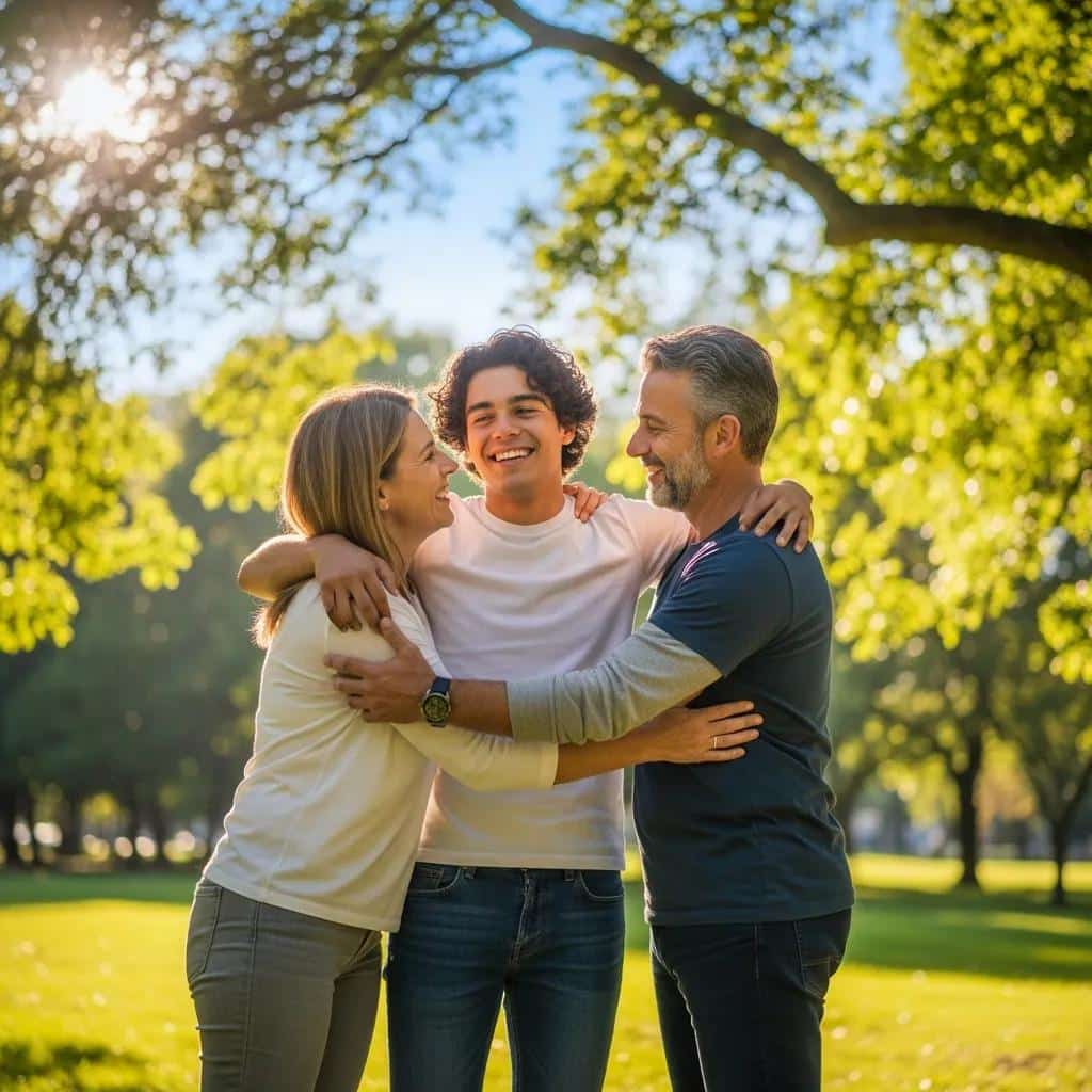 A young adult celebrating recovery with family after a successful therapeutic intervention in a park