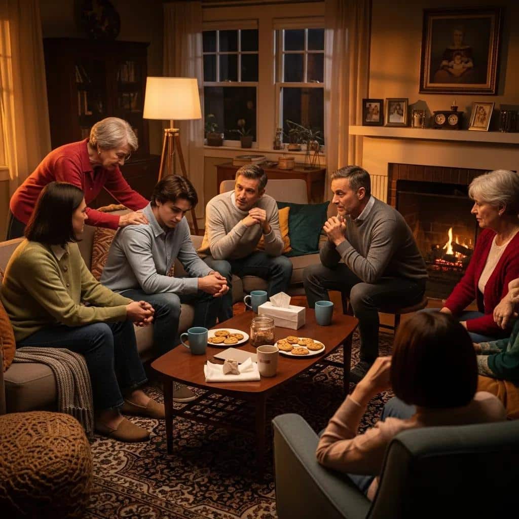 Family discussing addiction intervention in a supportive environment
