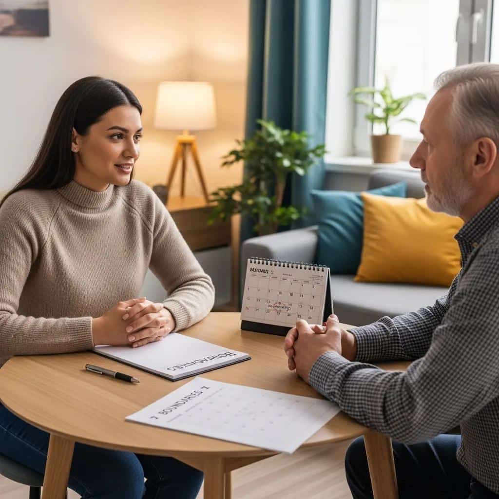Family member setting boundaries with a loved one in a supportive conversation