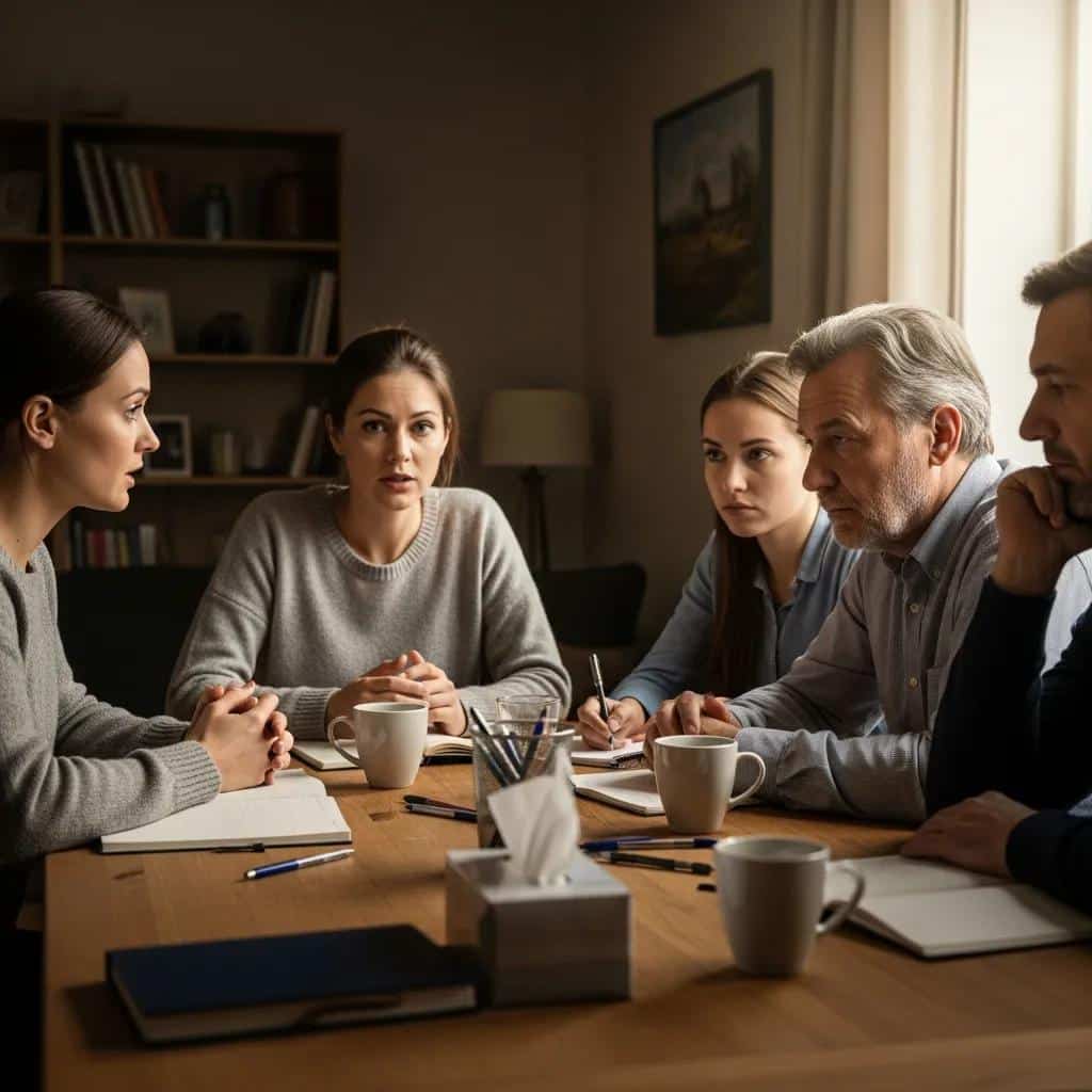 Family members discussing enabling behaviors in a supportive setting