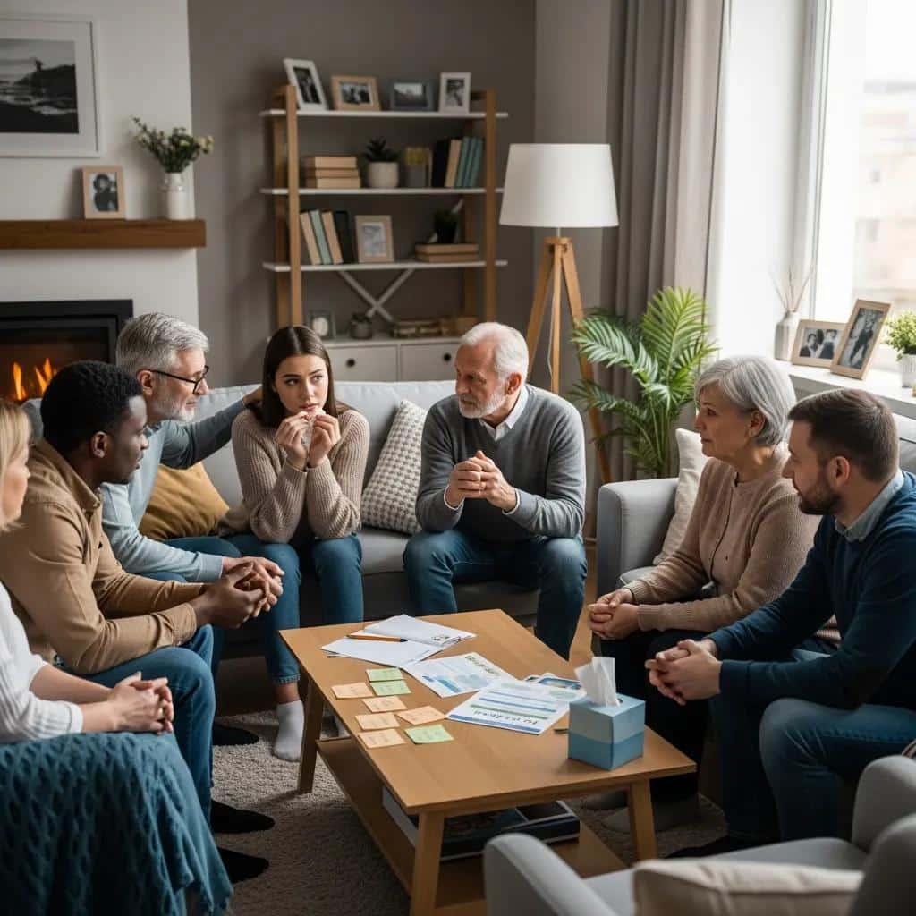 Family members preparing for a therapeutic intervention in a supportive living room setting