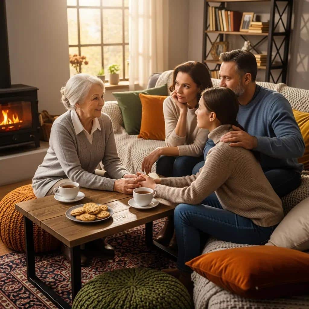 Family members supporting each other in a warm, inviting environment
