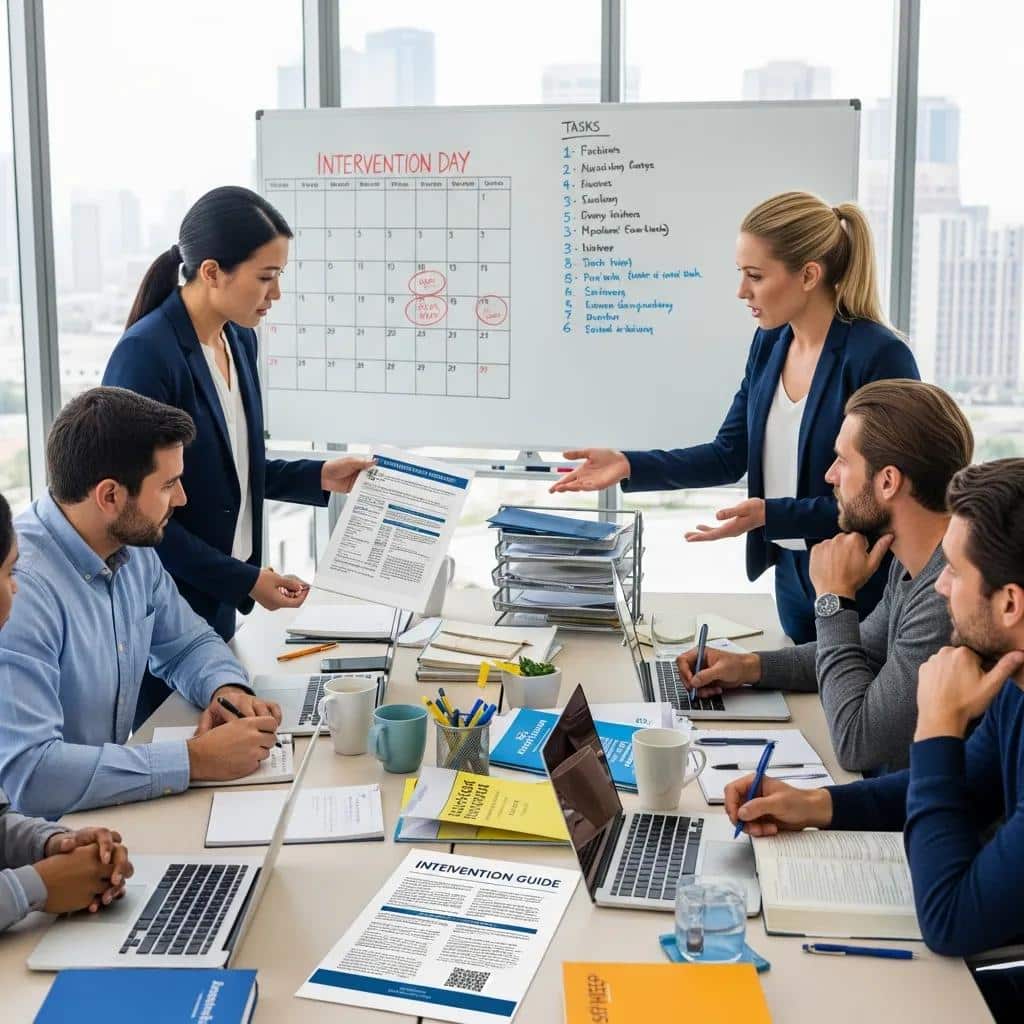 Group planning an effective addiction intervention with notes and materials