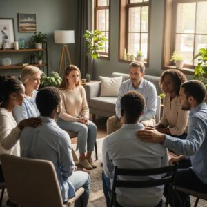 Group therapy session for addiction recovery, highlighting support and community
