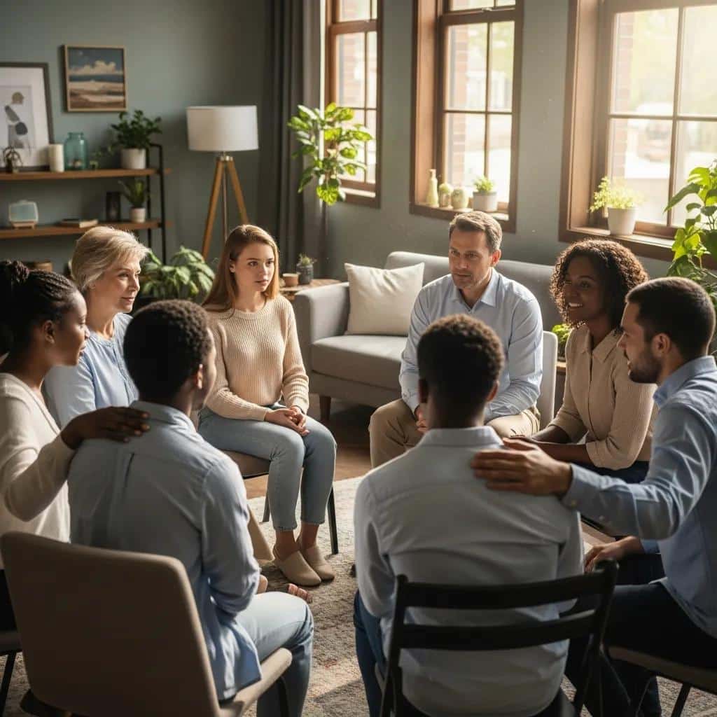 Group therapy session for addiction recovery, highlighting support and community
