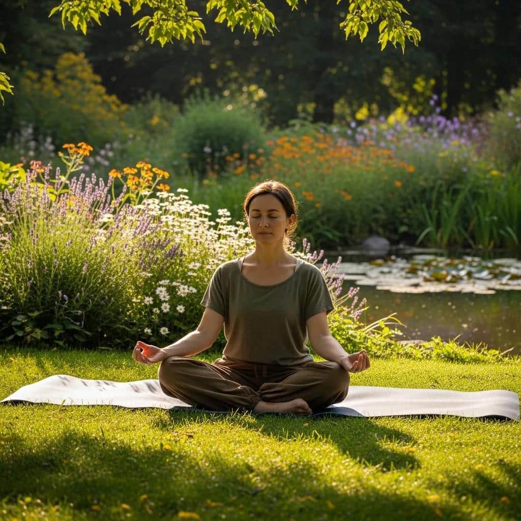 Individual practicing mindfulness outdoors, emphasizing relapse prevention and self-care