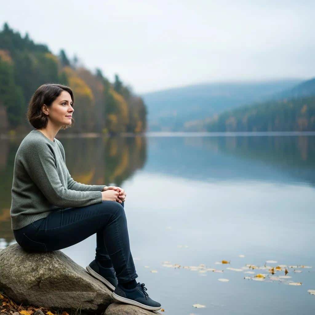 Individual reflecting by a lake, representing the importance of setting healthy boundaries to prevent enabling