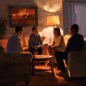 Supportive family discussing eating disorder intervention in a warm environment