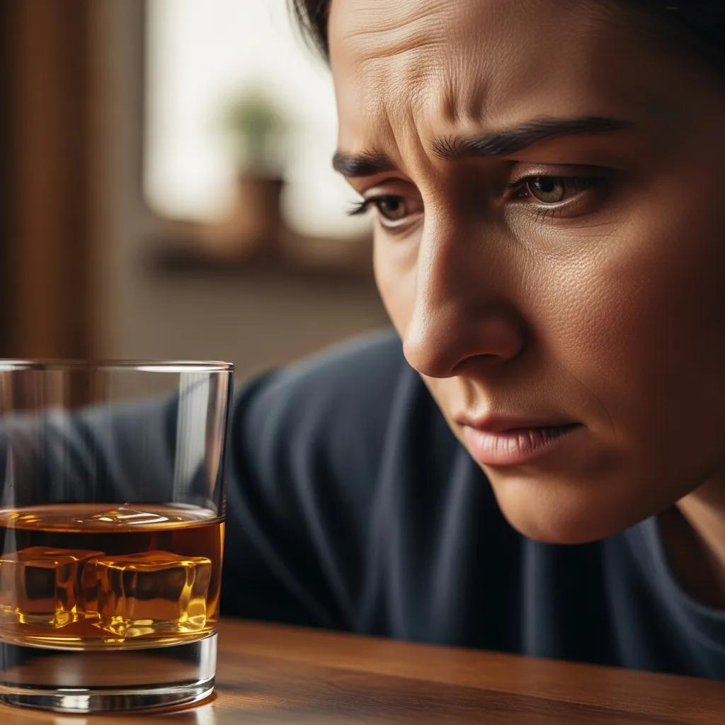 Concerned partner reflecting on alcoholism symptoms at home