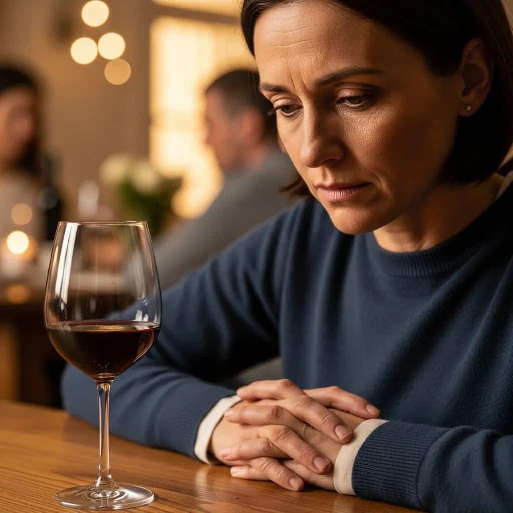 Concerned spouse observing a glass of wine, highlighting the recognition of alcoholism symptoms