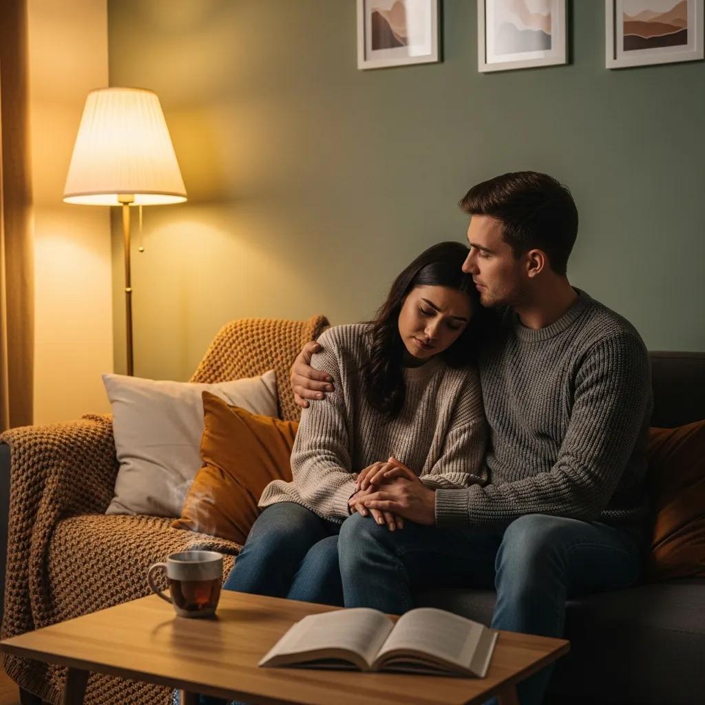 Couple providing emotional support in a cozy living room setting