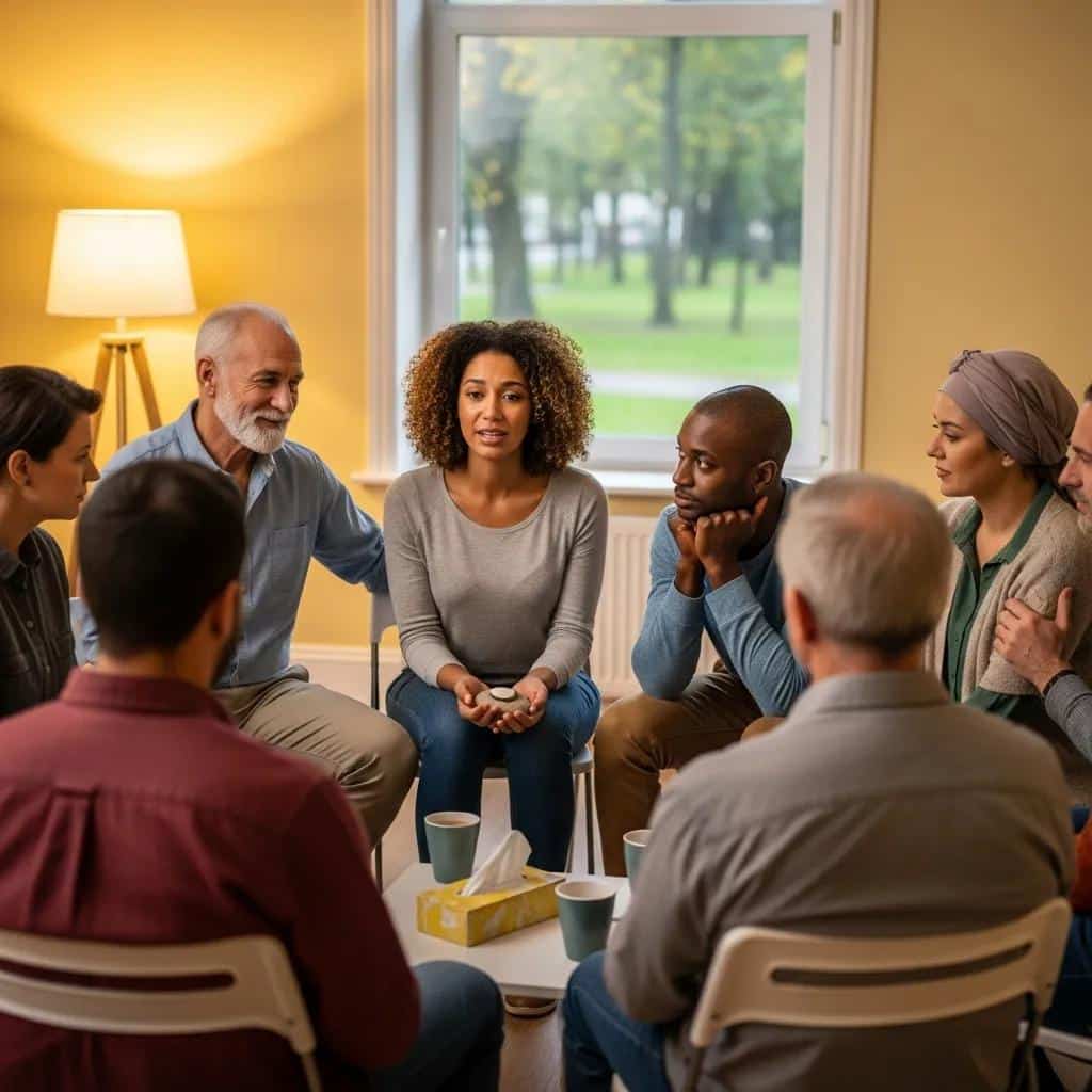 Diverse individuals in a support group, emphasizing the importance of family support networks