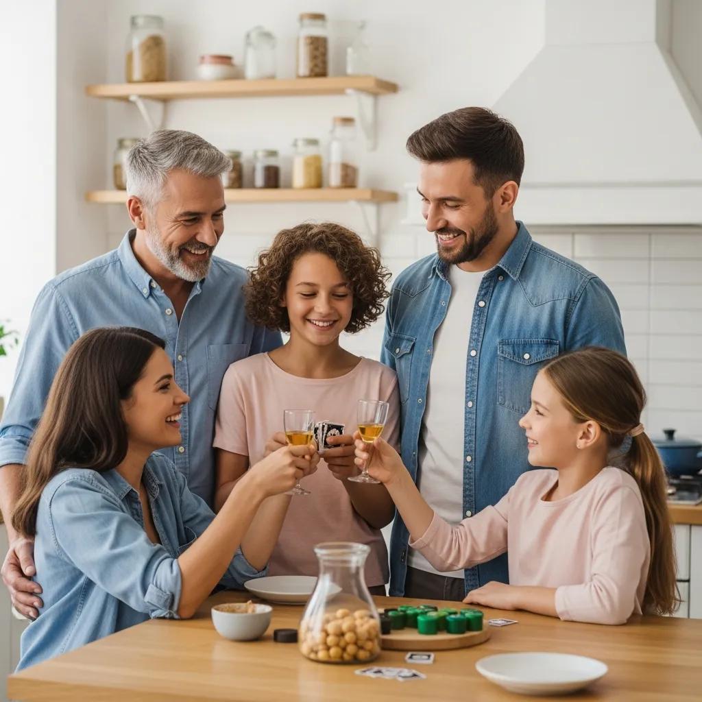 Family celebrating recovery milestones in a supportive kitchen environment
