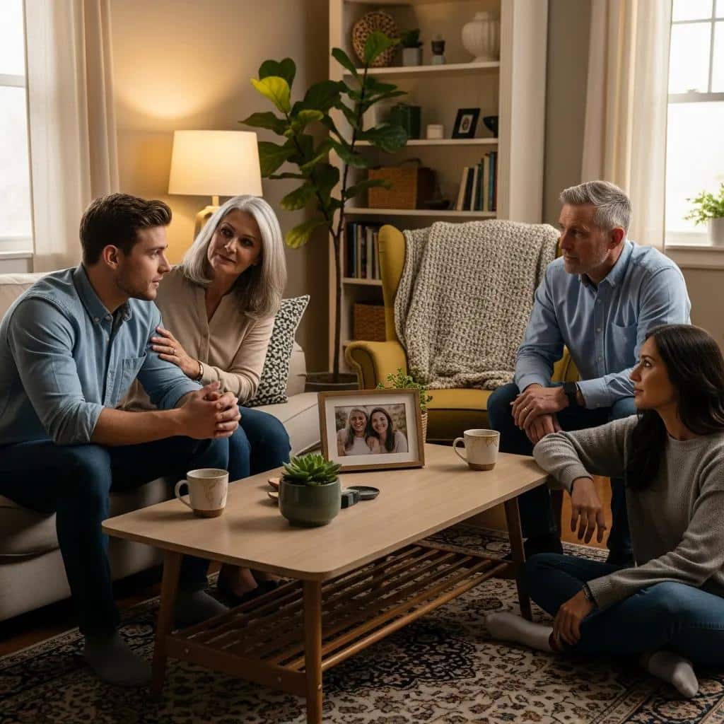 Family discussing addiction intervention in a supportive environment