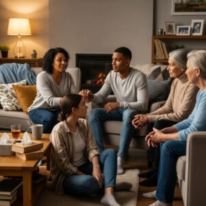 Family discussing addiction recovery in a supportive environment