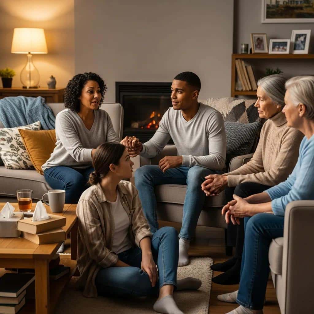 Family discussing addiction recovery in a supportive environment