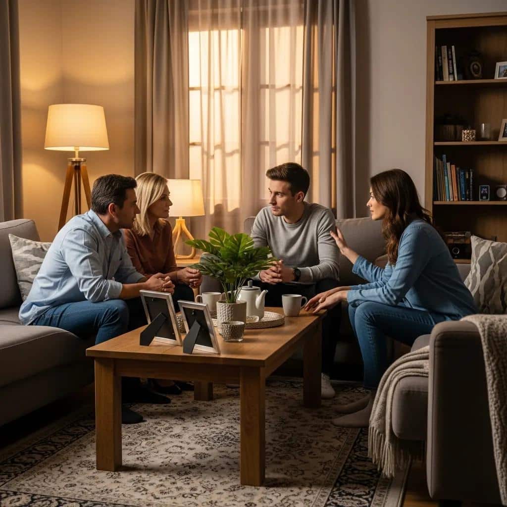 Family discussing alcohol intervention in a cozy living room setting