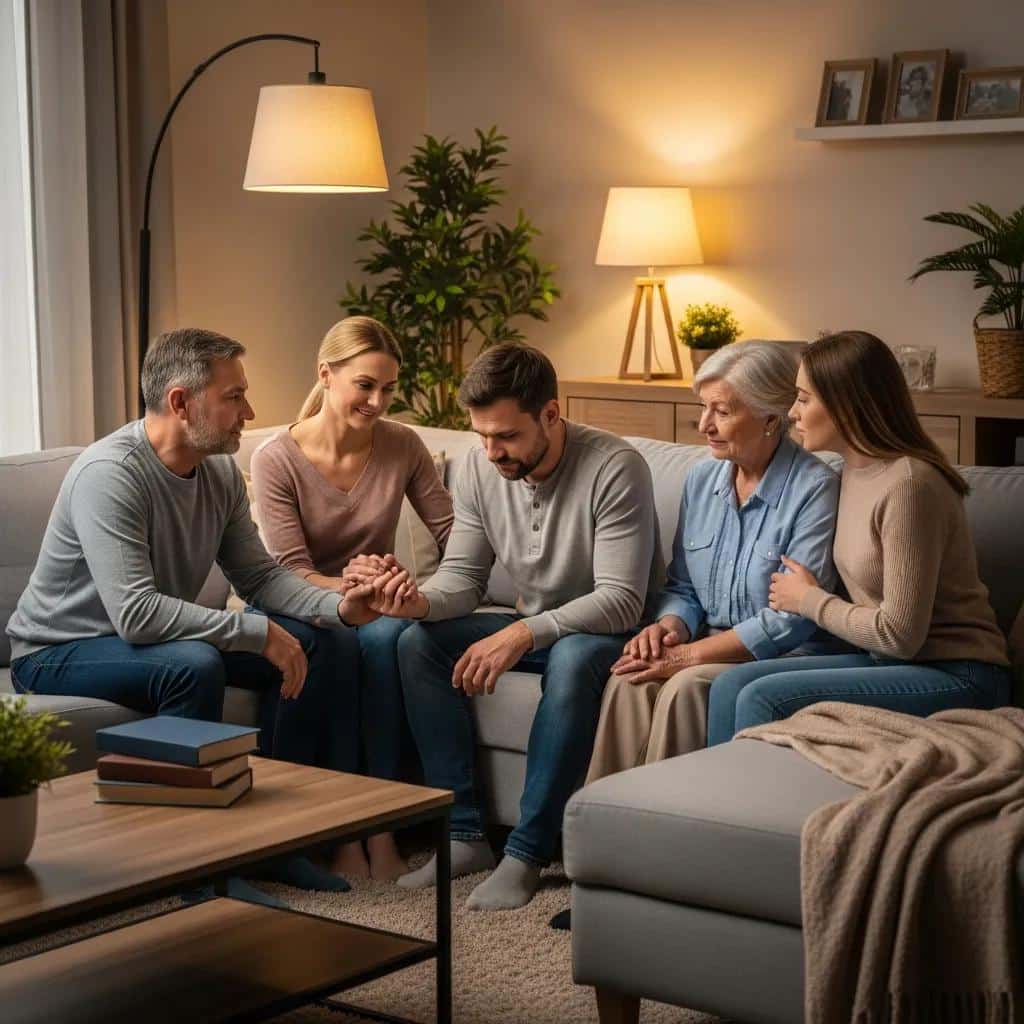 Family discussing Casey's Law for addiction intervention in a cozy living room