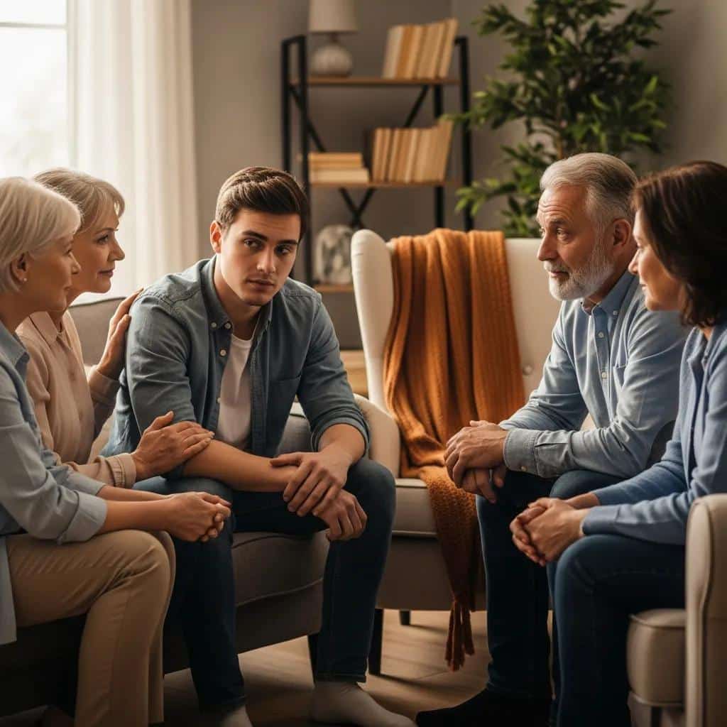 Family discussing cocaine intervention in a supportive environment
