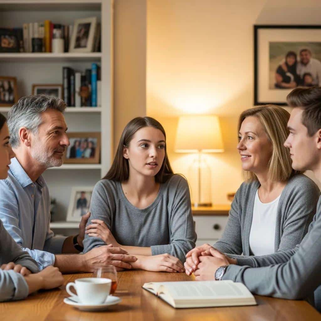 Family members discussing intervention methods for mental illness recovery