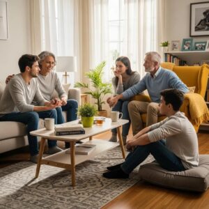 Family members engaging in supportive conversation, illustrating the concept of Family Systems Theory
