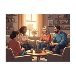 Family support for gambling addiction recovery in a cozy living room