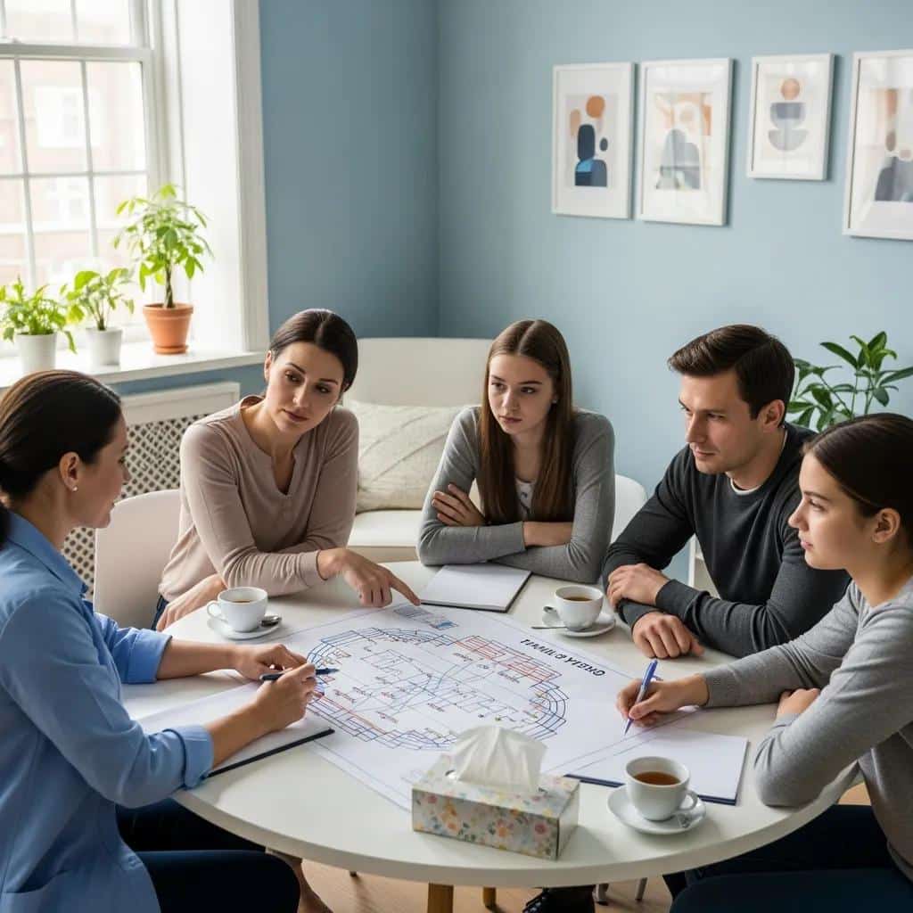 Family therapist using a genogram to illustrate family relationships in therapy