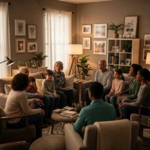 Family therapy session illustrating systems theory principles in a supportive environment