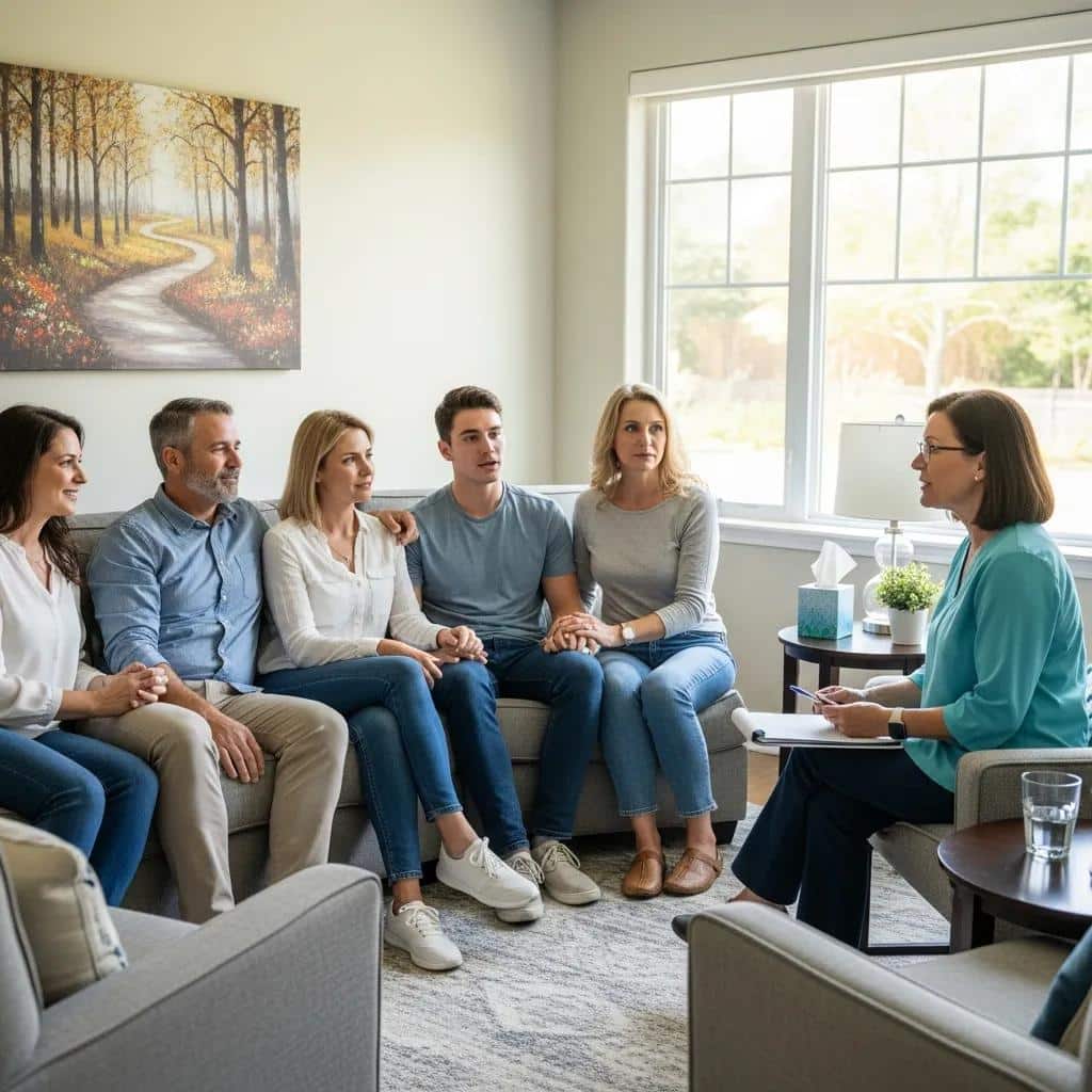 Family therapy session with a therapist guiding family members in constructive dialogue
