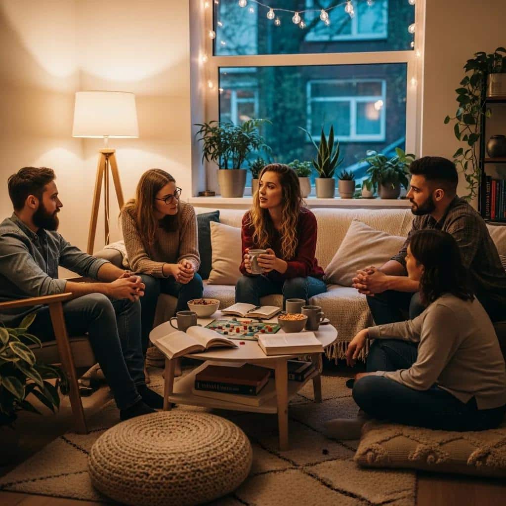 Group of friends providing emotional support in a cozy living room, highlighting the role of support systems in anxiety recovery