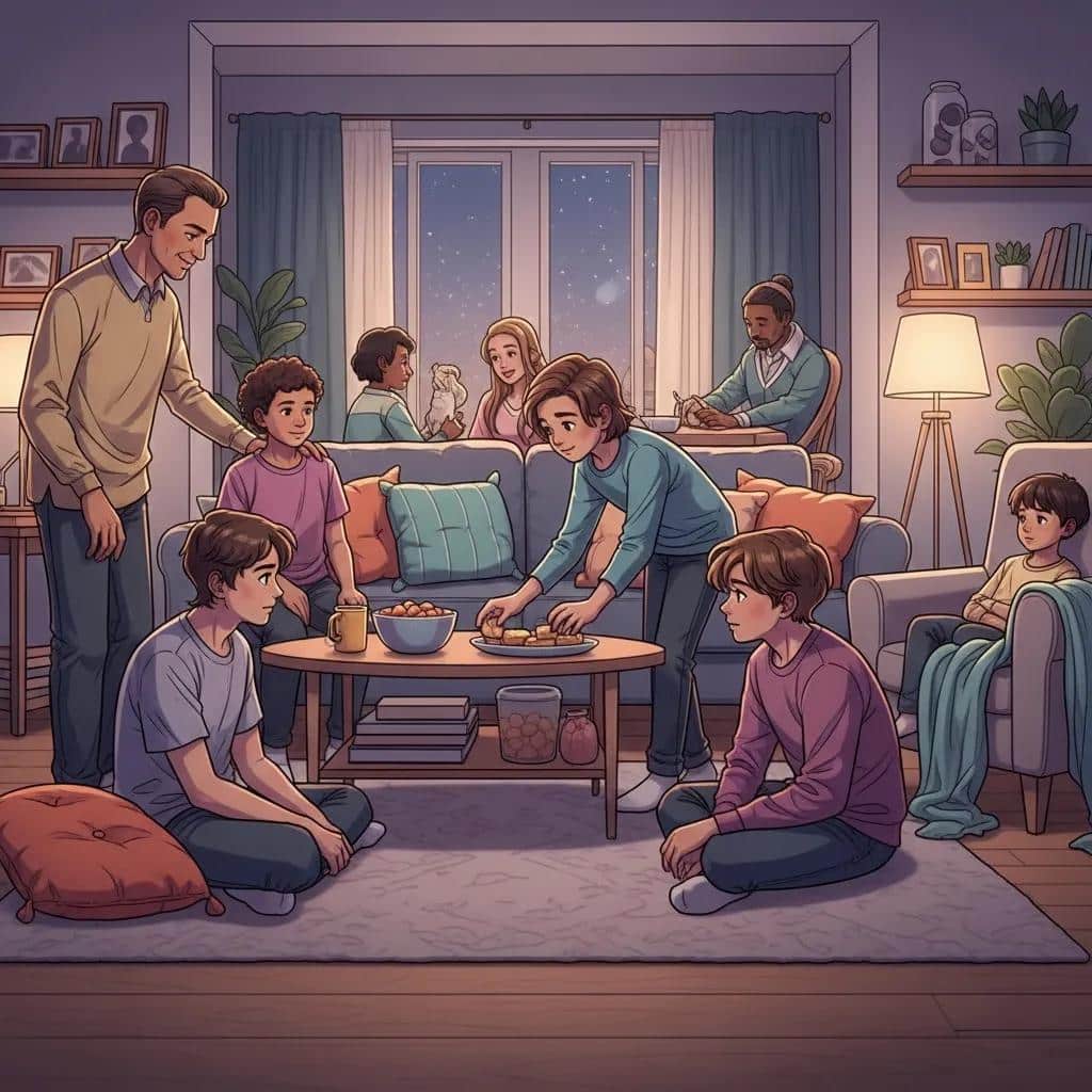 Illustration of family roles including enabler, scapegoat, hero, and lost child in a supportive environment