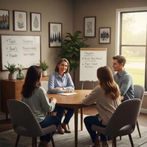 Intervention specialist facilitating a family intervention in a supportive environment