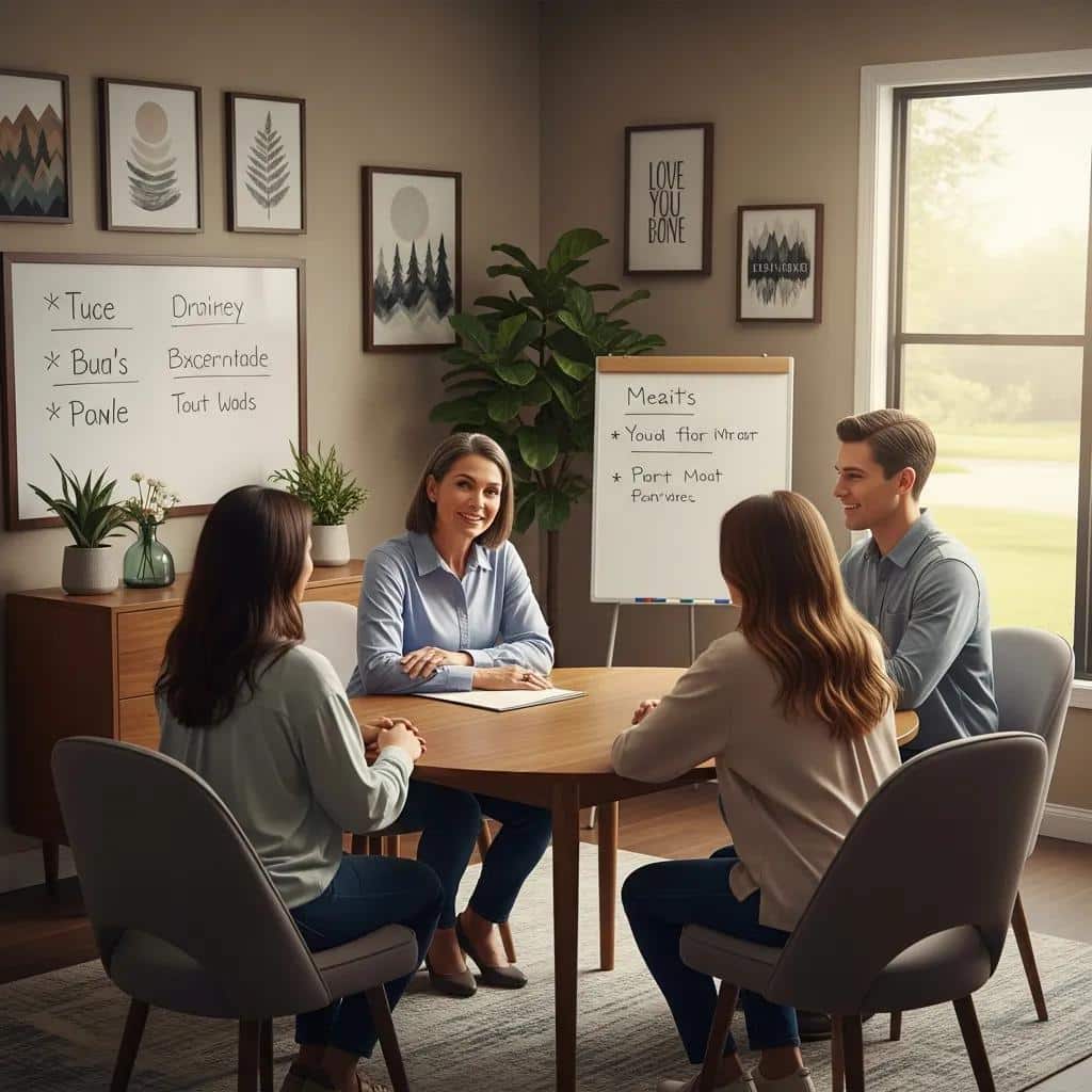 Intervention specialist facilitating a family intervention in a supportive environment